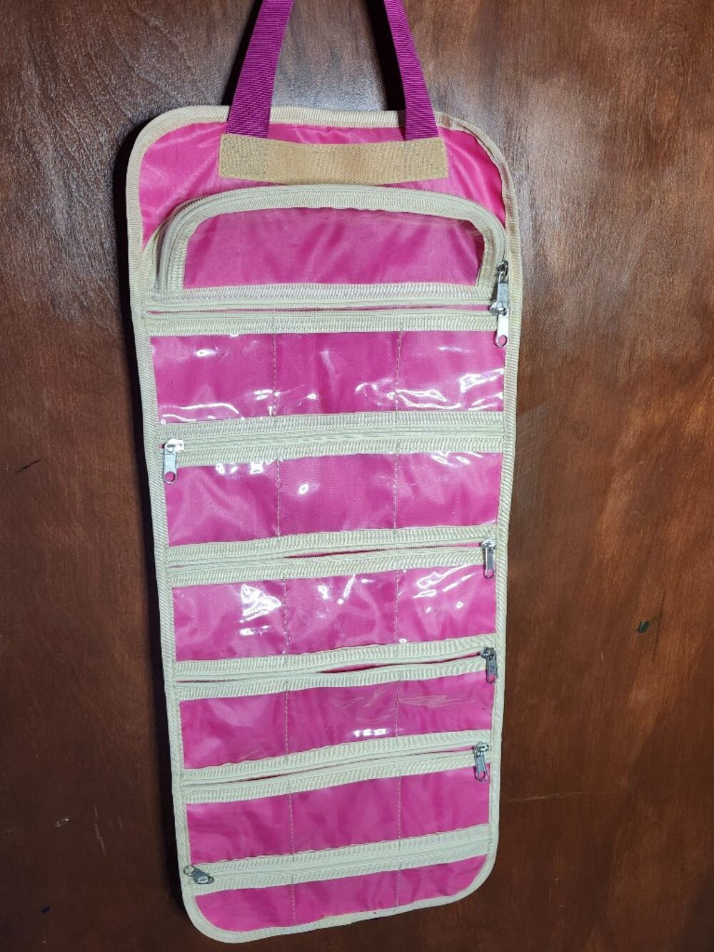 Hanging Jewelry Organizer 19 Zippered Clear Pockets Pink Striped